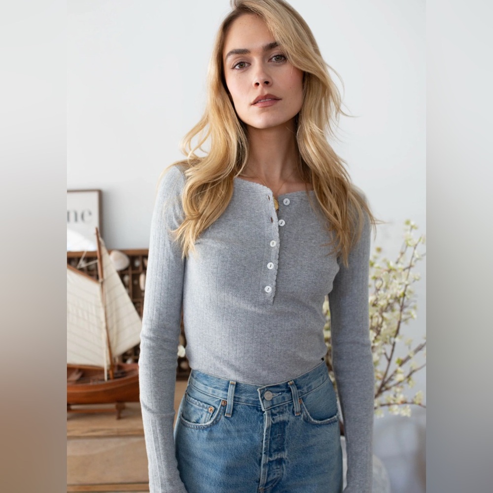 Mares by Liz Joy Women's Long Sleeve Pointelle Henley Tee - Gray